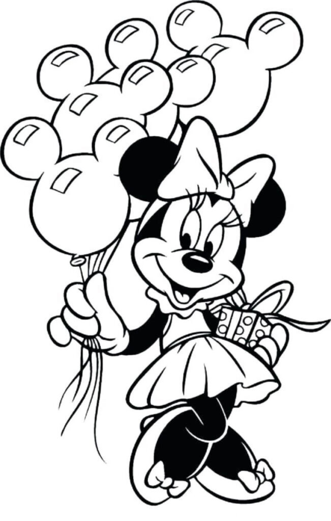 Coloriage Minnie Mouse Avec Des Ballons Et Cadeau