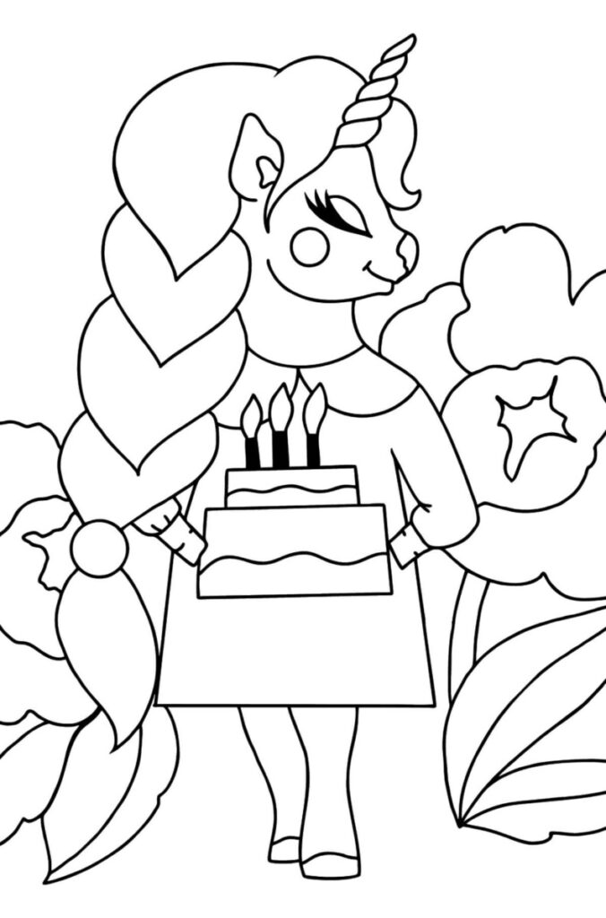 Coloriage licorne avec gateau d'anniversaire page