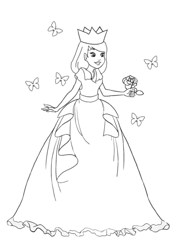 Coloriage princesse avec fleur et papillons page
