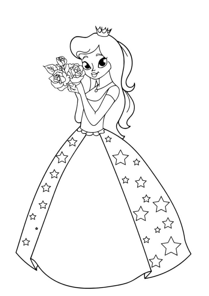 Coloriage princesse avec un bouquet de fleurs page